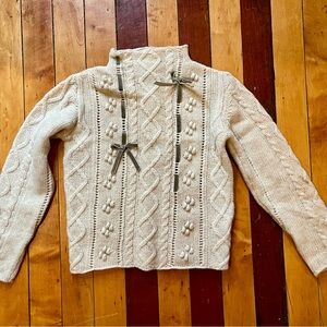 Pinco Pallino Wool Cream Knit Sweater with Ribbon Detail